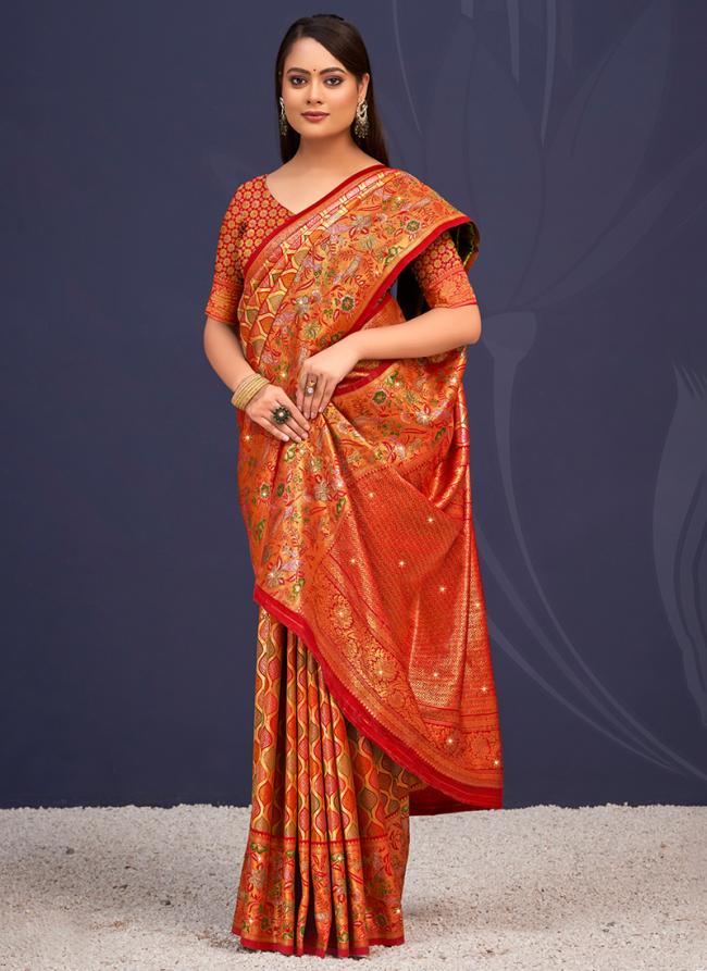 Banarasi Silk Orange Traditional Wear Weaving Saree